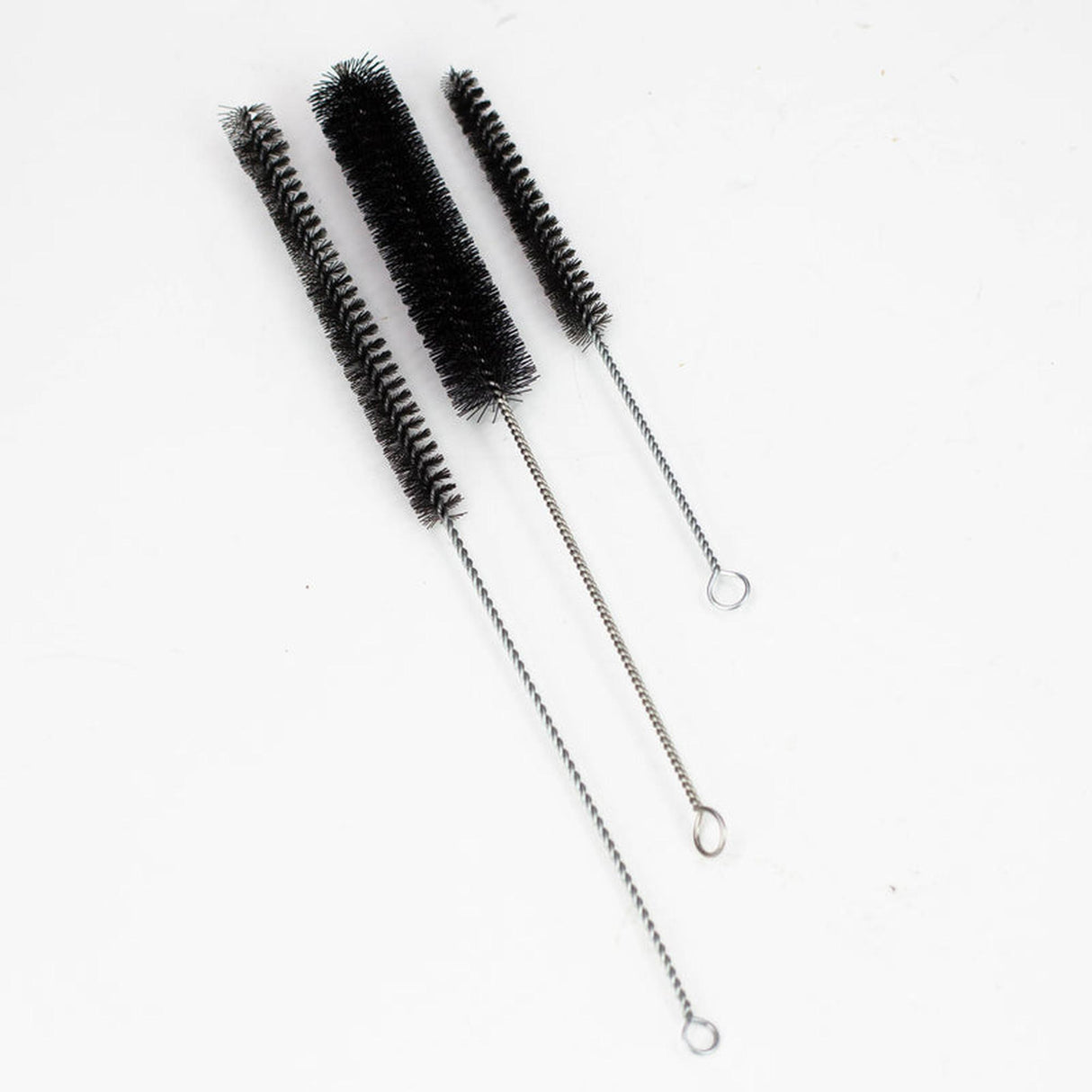 Glass Cleaning Brush Set - 3pcs: Three long brushes with twisted wire handles and dense black bristles, ideal for cleaning glassware and smoking accessories.