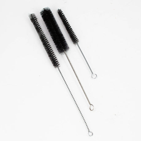 Glass Cleaning Brush Set - 3pcs: Three long brushes with twisted wire handles and dense black bristles, ideal for cleaning glassware and smoking accessories.