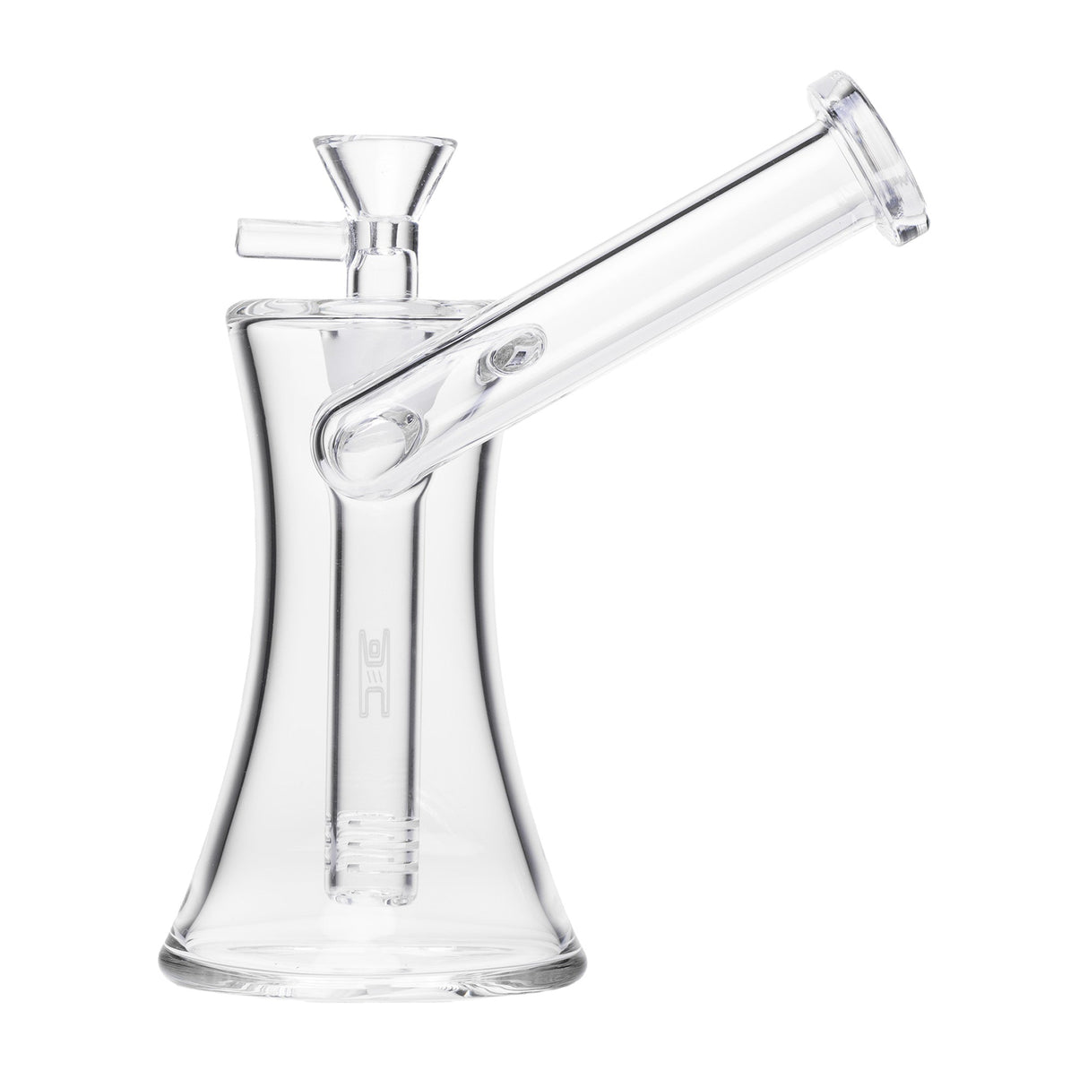 6 Hourglass Sidecar - Clear: A compact, clear glass water pipe with a sculpted hourglass base, side-mounted mouthpiece, and built-in downstem for smooth, stable use.