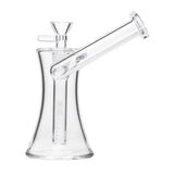 6 Hourglass Sidecar - Clear: A compact, clear glass water pipe with a sculpted hourglass base, side-mounted mouthpiece, and built-in downstem for smooth, stable use.