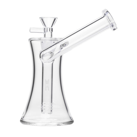 6 Hourglass Sidecar - Clear: A compact, clear glass water pipe with a sculpted hourglass base, side-mounted mouthpiece, and built-in downstem for smooth, stable use.