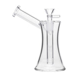 6 Hourglass Sidecar - Clear glass water pipe with a bell-shaped base, side-mounted mouthpiece, and built-in downstem, showcasing handcrafted borosilicate glass design.