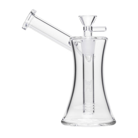 6 Hourglass Sidecar - Clear glass water pipe with a bell-shaped base, side-mounted mouthpiece, and built-in downstem, showcasing handcrafted borosilicate glass design.