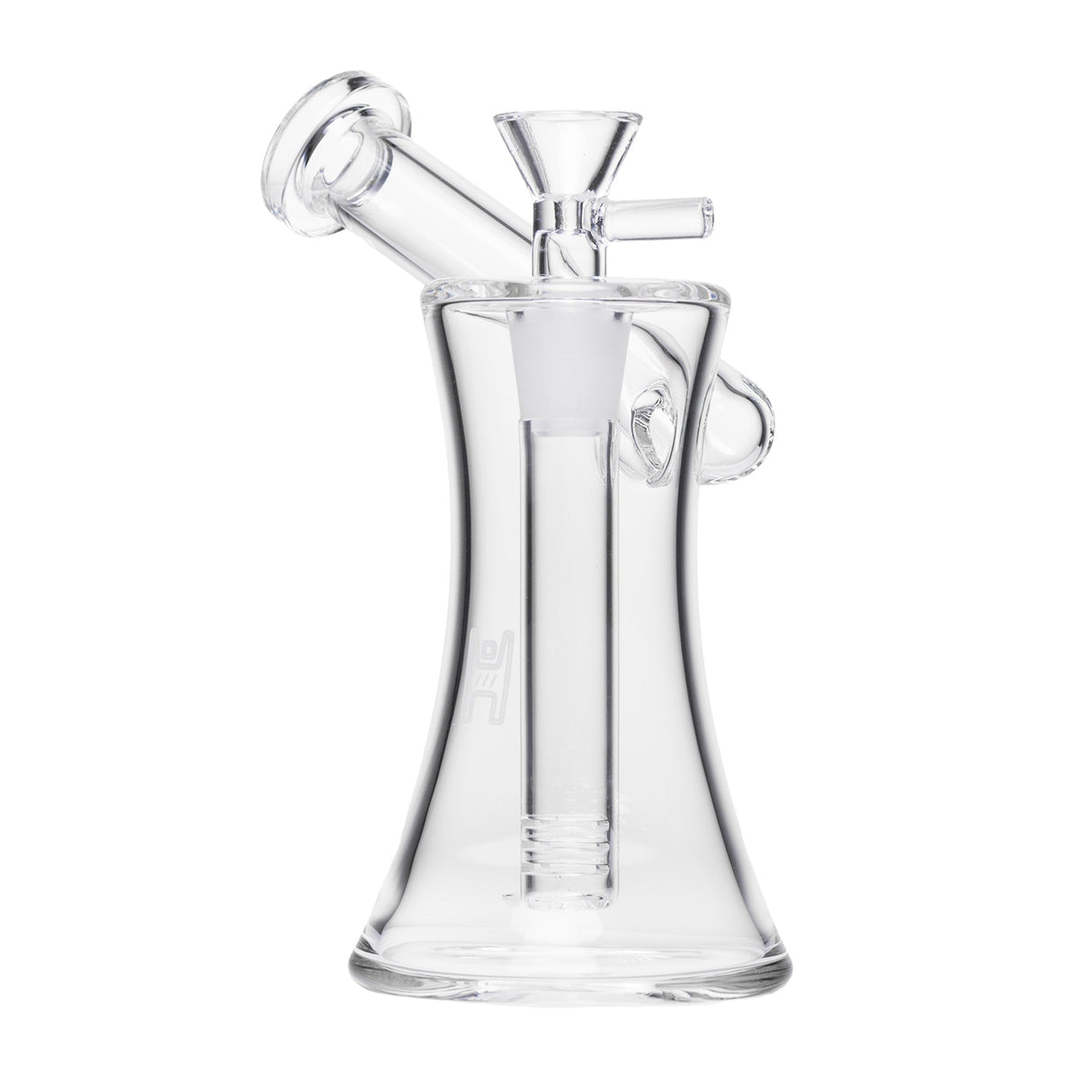 6 Hourglass Sidecar - Clear: A compact glass bubbler with a sculpted hourglass base, side-mounted mouthpiece, and built-in downstem for smooth water filtration.