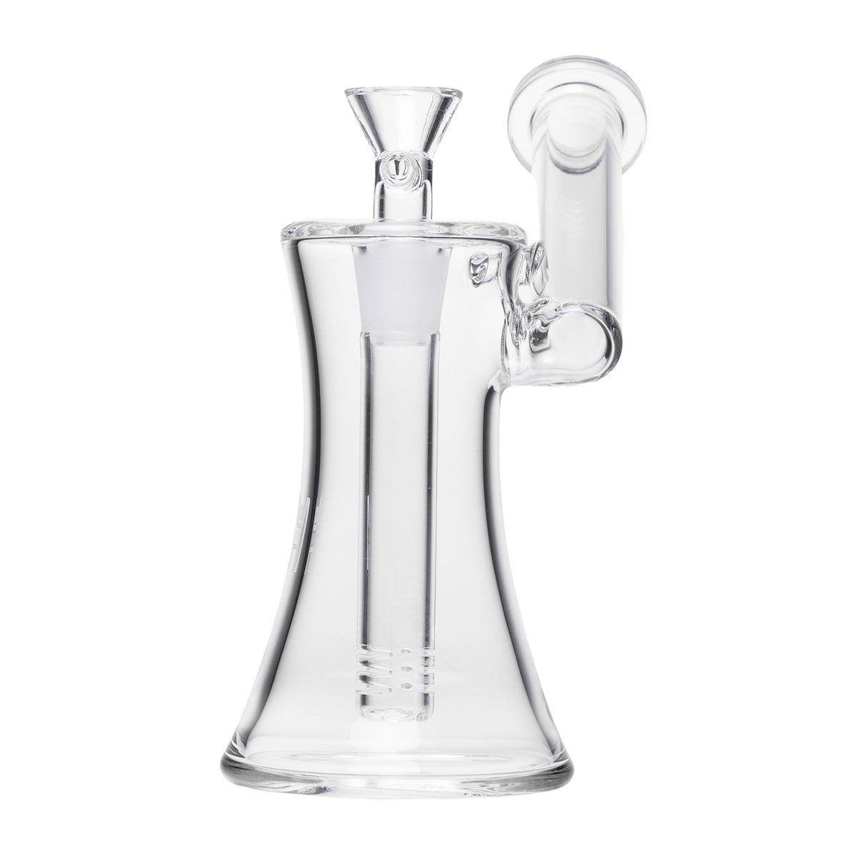 6 Hourglass Sidecar - Clear: A sleek glass bubbler with an hourglass base, side-mounted mouthpiece, removable bowl, and built-in downstem for smooth filtration.