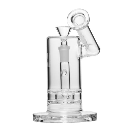 6 Sidecar - Clear: A compact glass water pipe with a side-mounted mouthpiece, sculpted hourglass base, and integrated downstem, designed for smooth filtration.