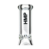 10 Glass Beaker Bong - Heavy Duty Collection featuring a clear glass upper section with mouthpiece, straight chamber, and HMP logo, highlighting durable design.