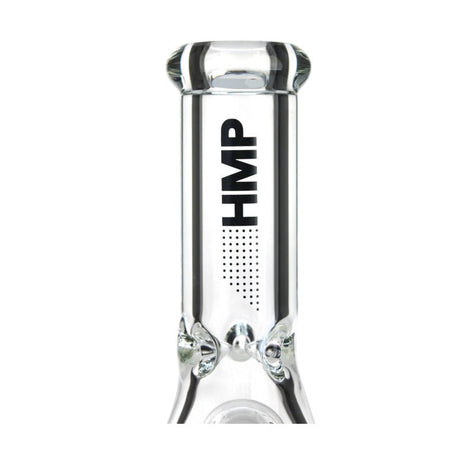 10 Glass Beaker Bong - Heavy Duty Collection featuring a clear glass upper section with mouthpiece, straight chamber, and HMP logo, highlighting durable design.