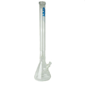 26 Glass Bong Beaker with removable down-stem, ice pinch, and blue HMP logo, offering stability and smooth filtration through borosilicate glass.
