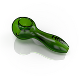 Green glass 4 Glass Spoon pipe with black text, a sleek design by HMP, ideal for beginners, featured in major Canadian dispensaries.