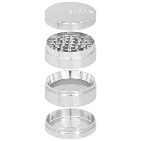 4pcs Metal 2.2 Magnetic Grinder, featuring a sleek metal design with a magnetic cap, multiple parts, and a mesh sieve for efficient herb grinding.