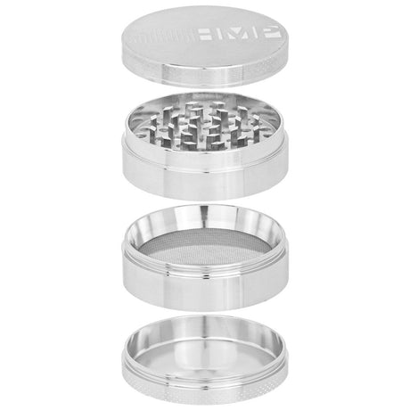 4pcs Metal 2.5 Magnetic Grinder showing its parts and mesh lid, designed for efficient herb grinding with a secure magnetic cap.