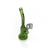7 Dab Rig with beaker base, fixed percolator, and quartz banger. Features a bent neck, flared mouthpiece, and HMP logo for a relaxed smoking experience.