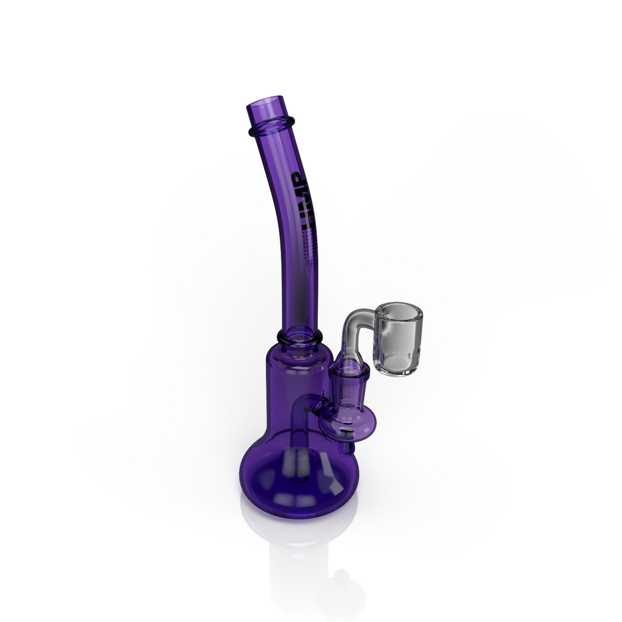 7 Dab Rig with beaker-style base, shower head percolator, quartz banger, and flared mouthpiece. Features an hour-glass shape and fixed downstem for optimal use.