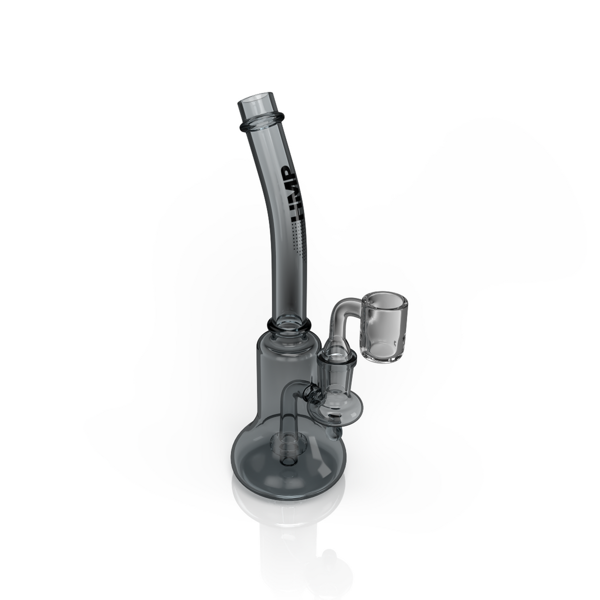 7 Dab Rig with hour-glass shape, bent neck, flared mouthpiece, quartz banger, and shower head percolator, designed for vaporizing concentrates efficiently.