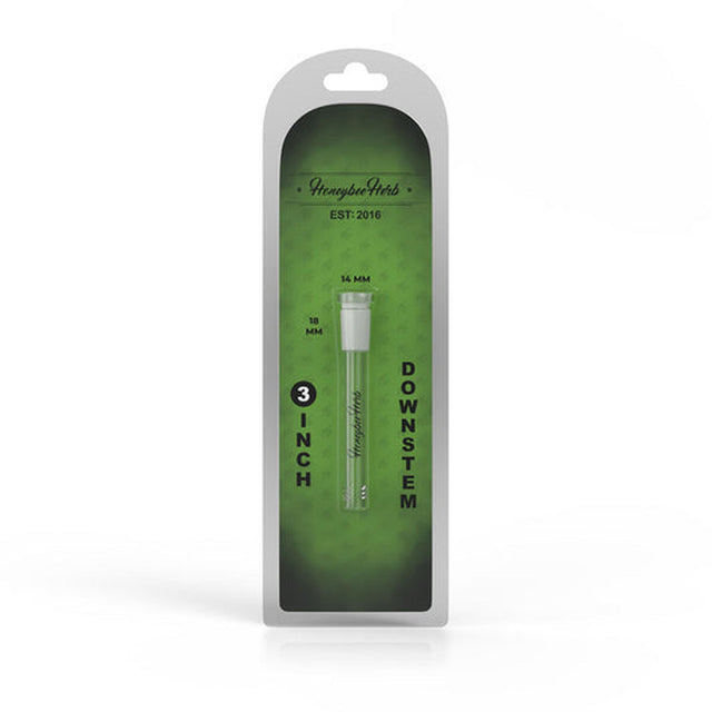 Downstem 3 - Clear, a plastic downstem in packaging, essential for smooth hits, compatible with 18mm male joints, enhancing smoke diffusion and cooling.