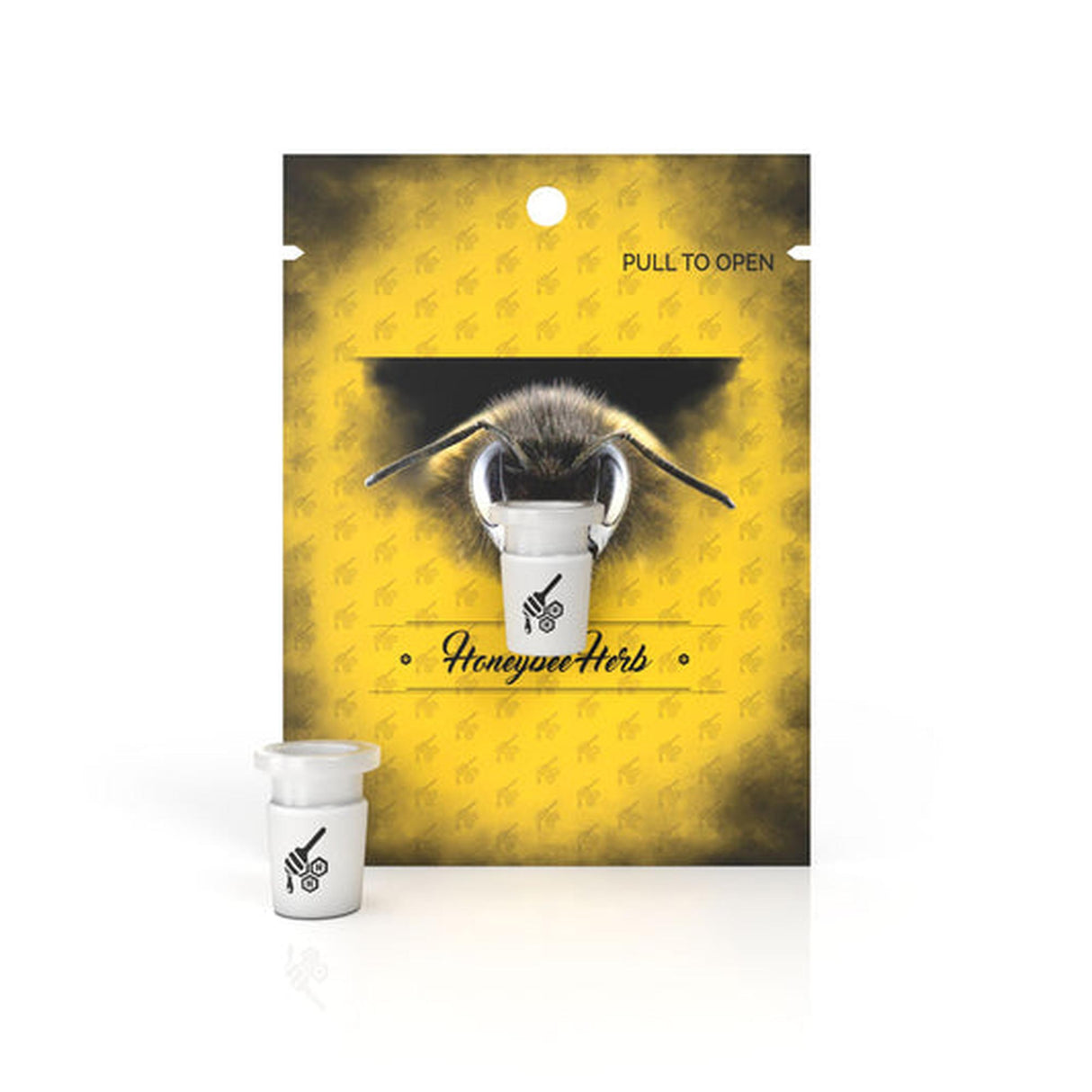 Glass Reducer - 14mm Female - 10mm Male - Clear adapter with a bee-themed package, made from high-quality borosilicate glass for customizable smoking setups.