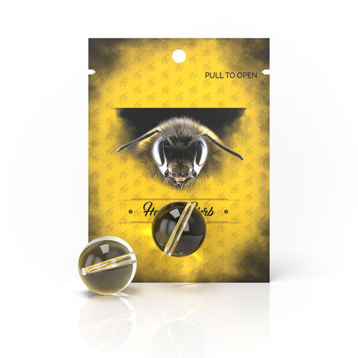 HB XL Marble Carb Cap (w/ Hole) featuring a yellow package with a bee image, showcasing its vortex airflow design, ideal for vaporization with quartz bangers.