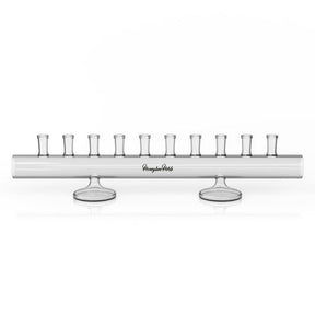 Horizontal Banger Holder - 10 Slots: Glass holder with nozzles, designed to organize and protect up to 10 male bangers, featuring a sleek horizontal design.