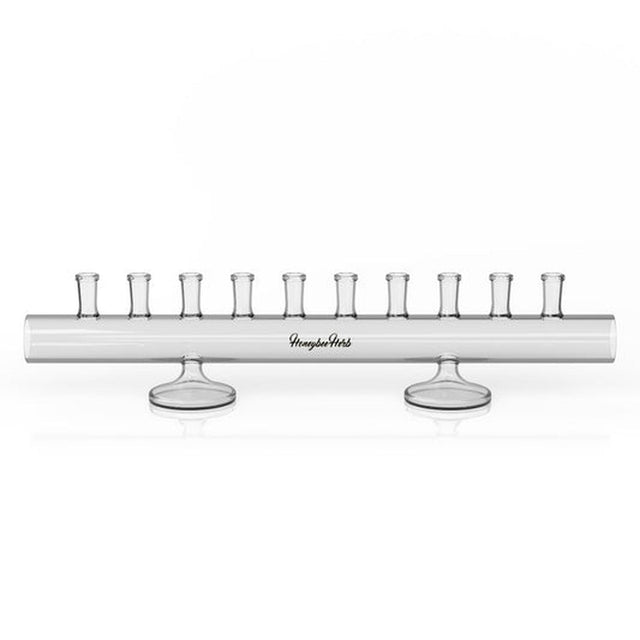 Horizontal Banger Holder - 10 Slots: Glass holder with nozzles, designed to organize and protect up to 10 male bangers, featuring a sleek horizontal design.