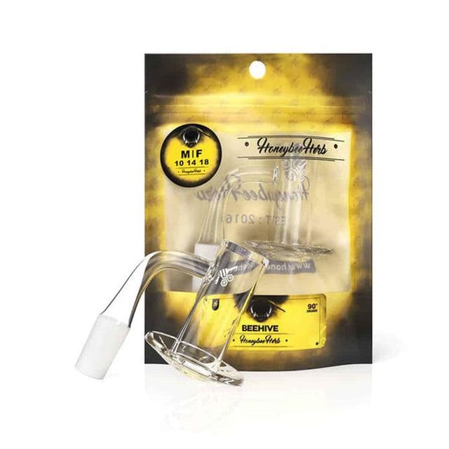 Glass bong with white stopper; features Honeybee Herb Male Beehive Banger, 90-degree, 14 mm, highlighting blender-style design for optimal airflow and efficient vaporization.