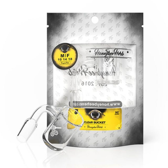 Male Clear Bucket Banger, 90-degree, 14 mm, White; a clear quartz banger with a yellow label, designed for efficient dabbing and optimal temperature control.