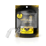 Male Splash Bucket Whirlwind Banger - 90 degree - 14 mm, featuring a hybrid design with a clear glass tube and yellow label, ideal for superior dabbing performance.