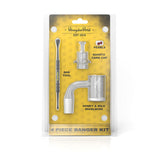 Quartz Banger Kit Set (4 pcs) in packaging, showing a tool close-up and plastic tube handle; includes Quartz Banger, Dabber Tool, Honey Pearls, and Carb Cap.