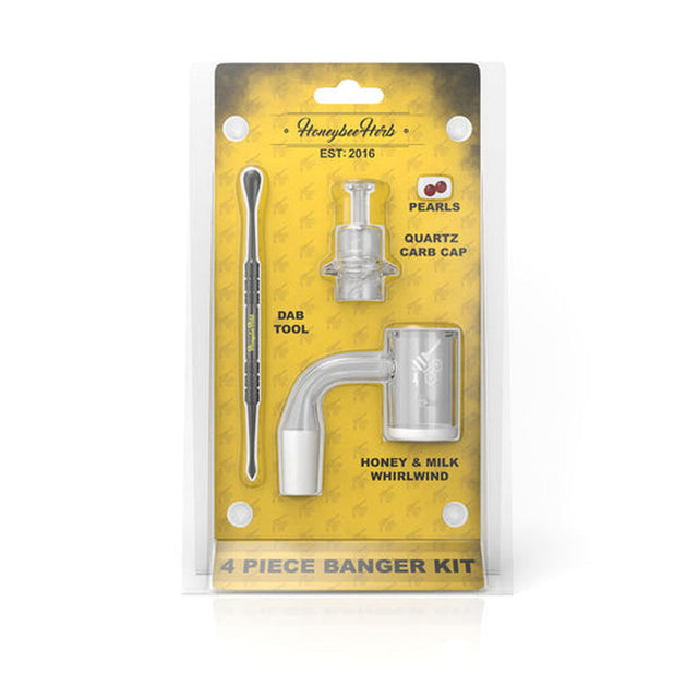 Quartz Banger Kit Set (4 pcs) in packaging, showing a tool close-up and plastic tube handle; includes Quartz Banger, Dabber Tool, Honey Pearls, and Carb Cap.