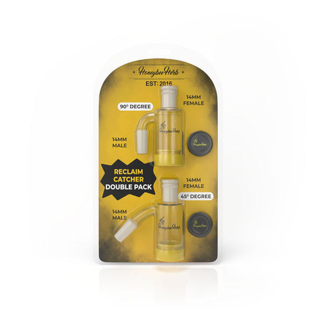 Reclaim Double Ash Catcher - 2 Pack, featuring two small cylindrical bottles in yellow packaging, designed for efficient reuse of dab materials.