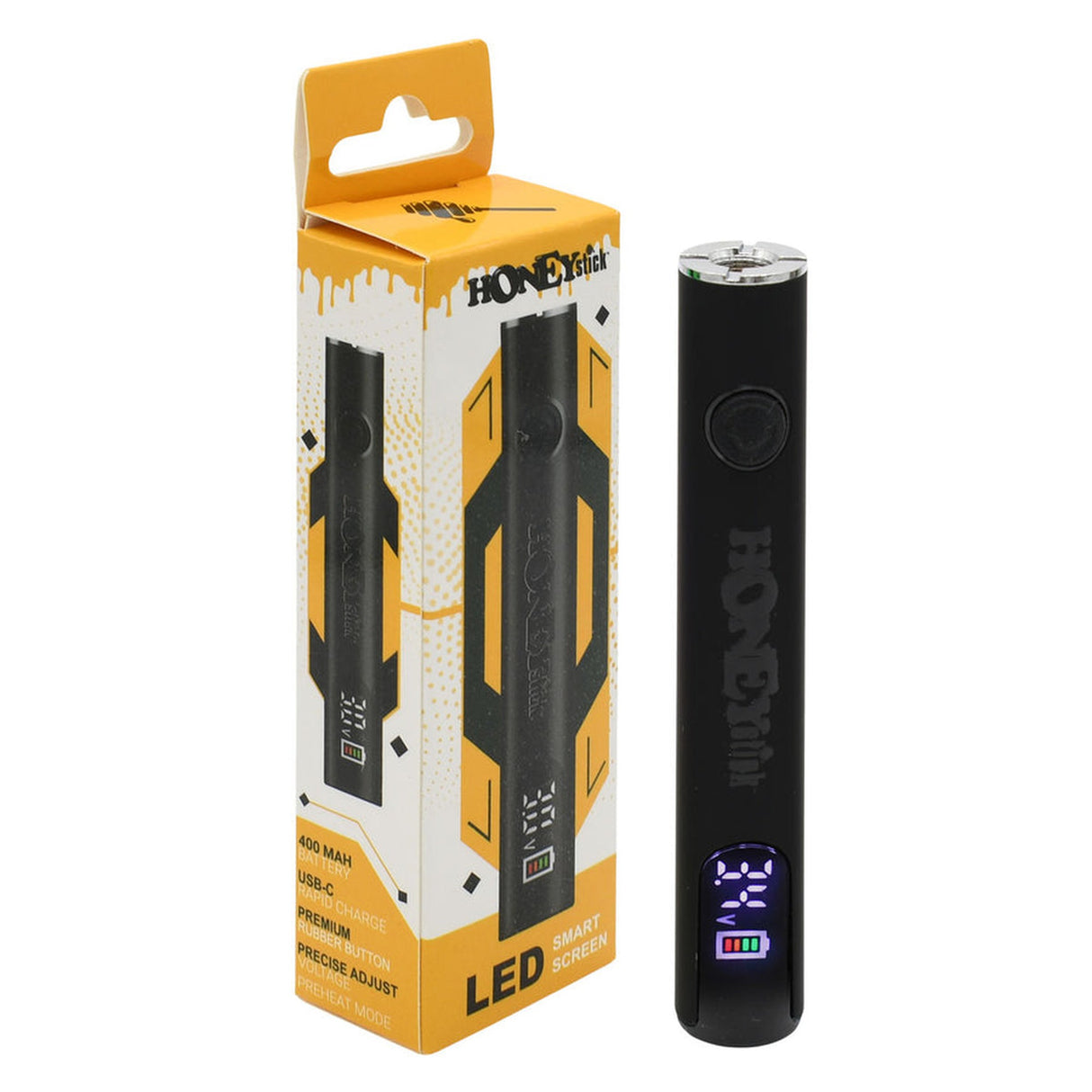 Digital 510 Thread Battery in packaging, compatible with 510 cartridges, featuring digital voltage adjustment, USB-C rapid charging, and a high-capacity 400mAh battery for extended use.