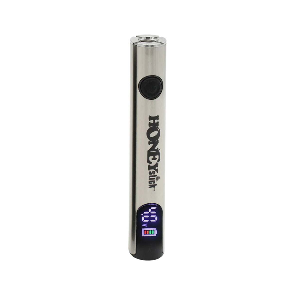 Digital 510 Thread Battery, slim cylindrical design with button and digital display, featuring voltage adjustment and USB-C rapid charging for versatile vaping.