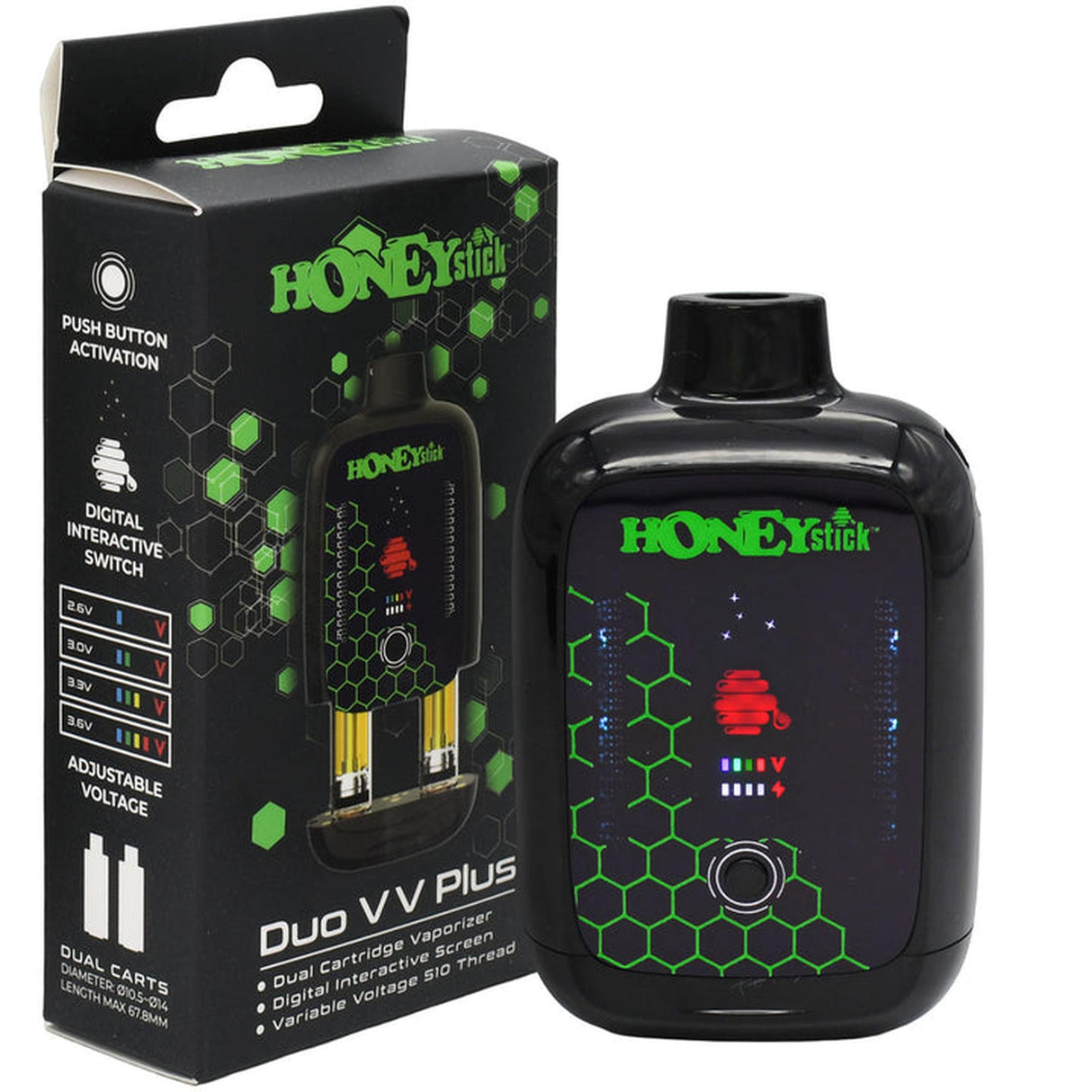 HoneyStick DUO VV PLUS black container and box with robot image, showcasing dual-cartridge 510 thread battery with digital display and auto-draw activation.