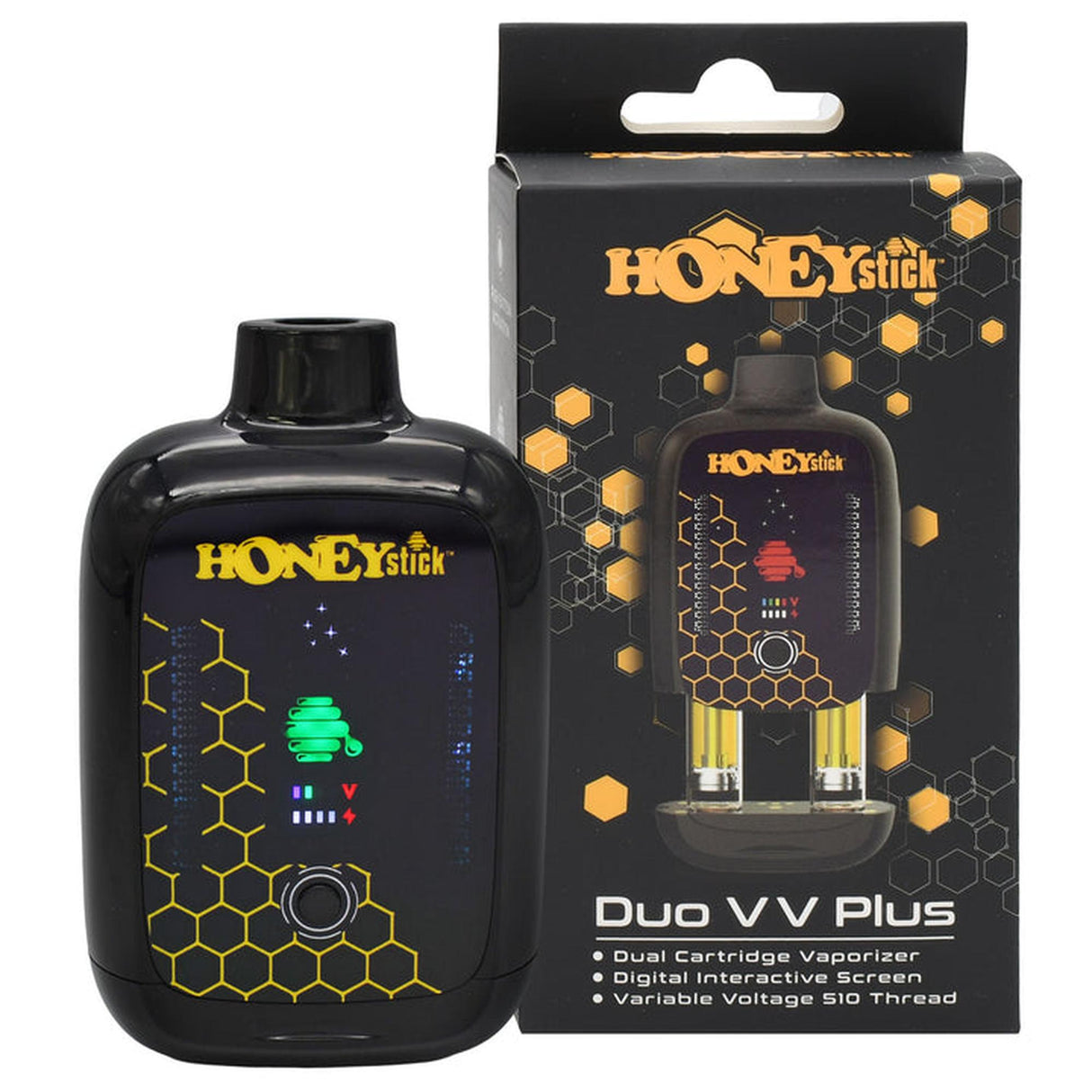 Duo Auto Draw VV Plus 510 Battery - Black & Green vaporizer with dual-cartridge capability, honeycomb design, digital display, and retail box showcasing its sleek, compact design.