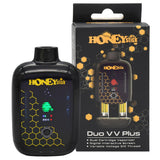 Duo Auto Draw VV Plus 510 Battery - Black & Green vaporizer with dual-cartridge capability, honeycomb design, digital display, and retail box showcasing its sleek, compact design.