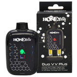 HoneyStick Duo Auto Draw VV Plus 510 Battery in black with dual cartridge slots, digital screen, and sleek design, displayed with retail box.