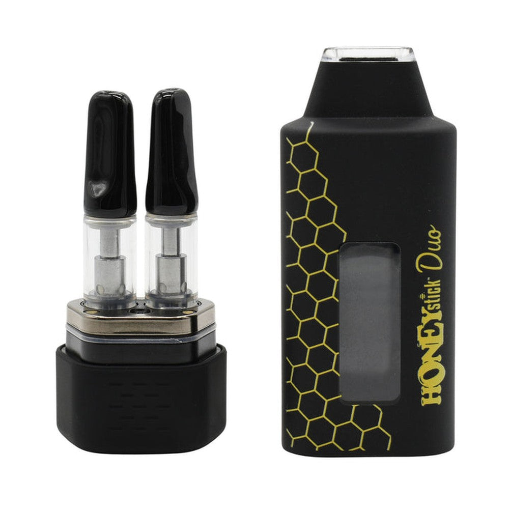 HoneyStick DUO cartridge 510 Thread Battery with dual 510-thread vape cartridges docked, featuring a compact, draw-activated design for essential oils and wax concentrates.