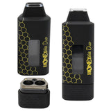 DUO cartridge 510 Thread Battery with black housing, yellow honeycomb graphics, and detachable dual-chamber atomizer for wax concentrates, featuring a draw-activated design.