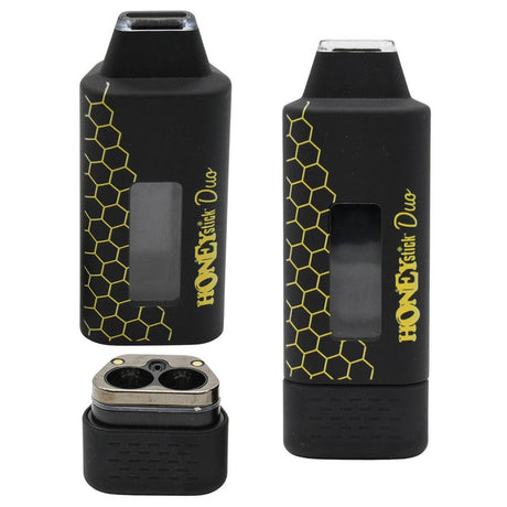 DUO cartridge 510 Thread Battery with black housing, yellow honeycomb graphics, and detachable dual-chamber atomizer for wax concentrates, featuring a draw-activated design.