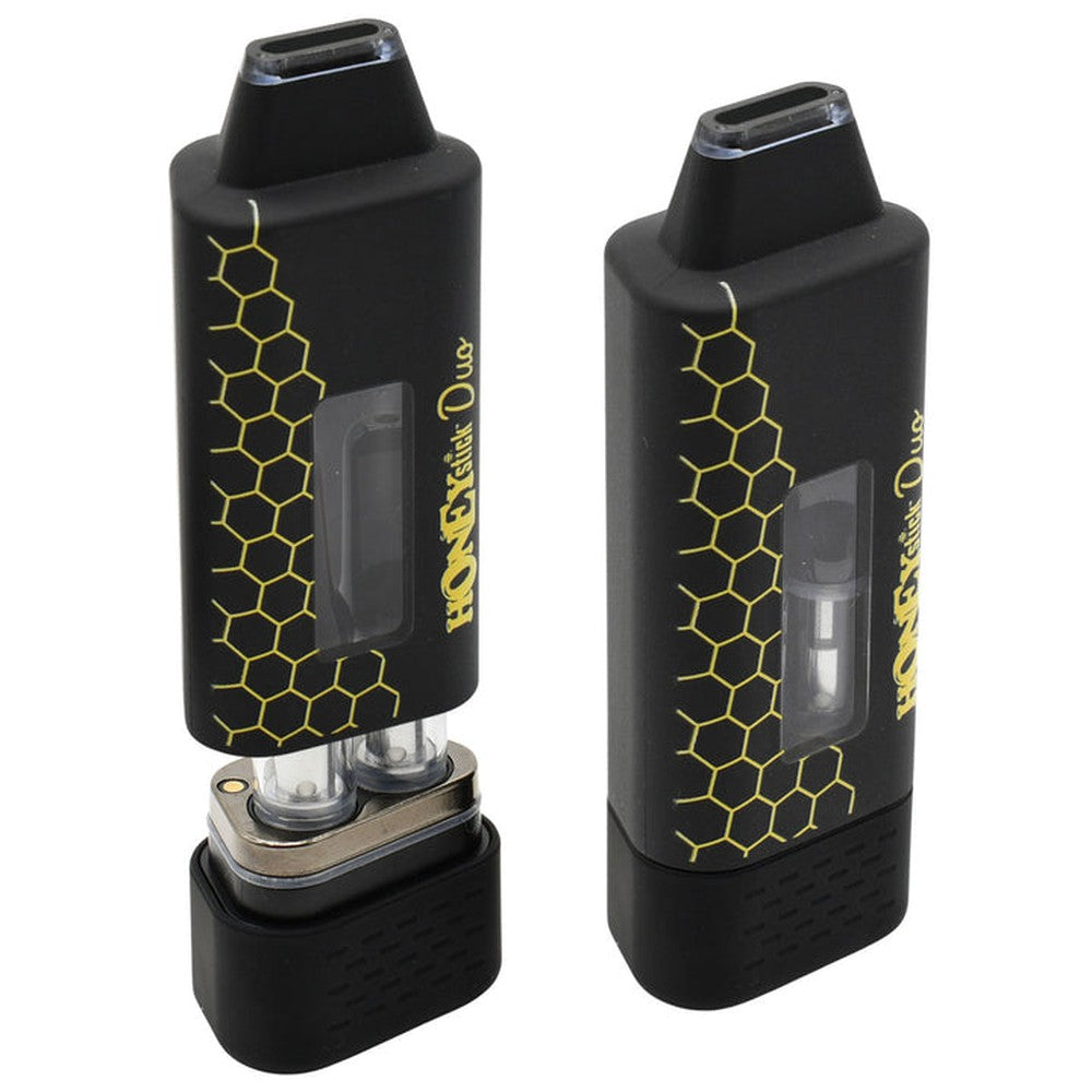 HoneyStick DUO cartridge 510 Thread Battery with dual quartz-glass cartridge slots, draw-activated design, USB-C port, and honeycomb graphics, shown in closed and open views.
