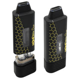 HoneyStick DUO cartridge 510 Thread Battery with dual quartz-glass cartridge slots, draw-activated design, USB-C port, and honeycomb graphics, shown in closed and open views.