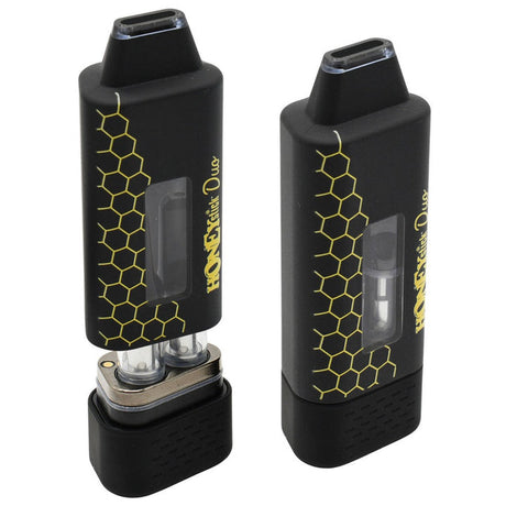 HoneyStick DUO cartridge 510 Thread Battery with dual quartz-glass cartridge slots, draw-activated design, USB-C port, and honeycomb graphics, shown in closed and open views.