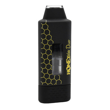 HoneyStick DUO cartridge 510 Thread Battery with black rectangular design, yellow honeycomb graphics, and dual cartridge visibility through a window for oils and waxes.