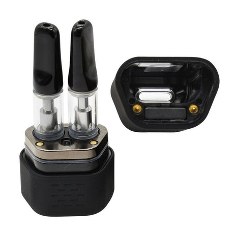 DUO cartridge 510 Thread Battery includes refillable vape pods on a magnetic base, featuring a clear tank with a coil and separate mouthpiece.