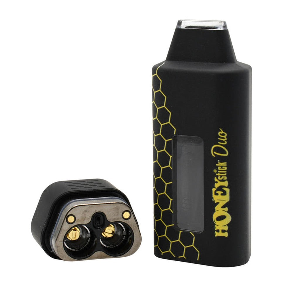 HoneyStick DUO cartridge 510 Thread Battery with magnetic connector, draw-activated system, and display window, designed for dual 510 thread cartridge use.