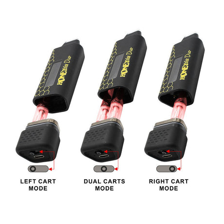 HoneyStick DUO 510 Thread Battery showing slide positions for single or dual cartridges with visible USB-C charging port.
