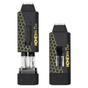 HONEystick Duo cartridge 510 Thread Battery features a black rectangular design with a honeycomb pattern, clear window displaying dual oil cartridges.