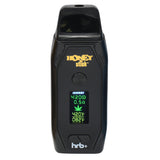 HoneyStick HRB+ Dry Herb Vaporizer with OLED screen showing 420°F, features ceramic chamber, digital controls, magnetic mouthpiece, and USB C port for versatile use.