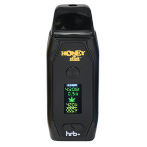 HoneyStick HRB+ Dry Herb Vaporizer with OLED screen showing 420°F, features ceramic chamber, digital controls, magnetic mouthpiece, and USB C port for versatile use.