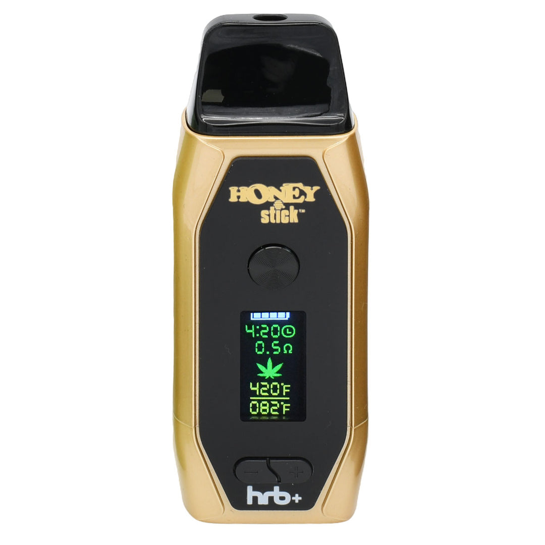 HoneyStick HRB+ Dry Herb Vaporizer, pocket-sized with OLED display, mouthpiece, firing button, and adjustable temperature control for vaporizing dry herbs efficiently.